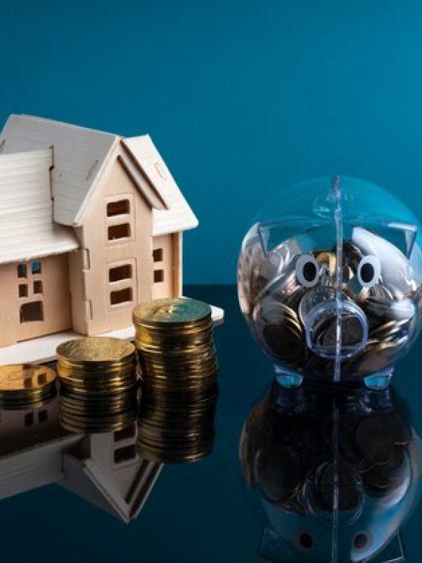 close-up-model-house-coins-table-against-blue-background_1048944-11420912